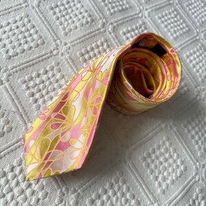 Ted Baker 100% silk tie, pink yellow abstract, Made in USA